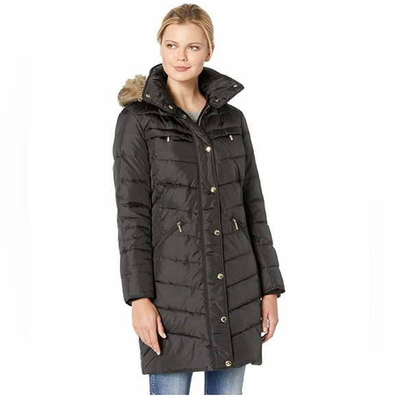Michael Michael Kors Women Black Down Puffer Winter Coat Faux Fur Trim Hood PXXS - Picture 8 of 16